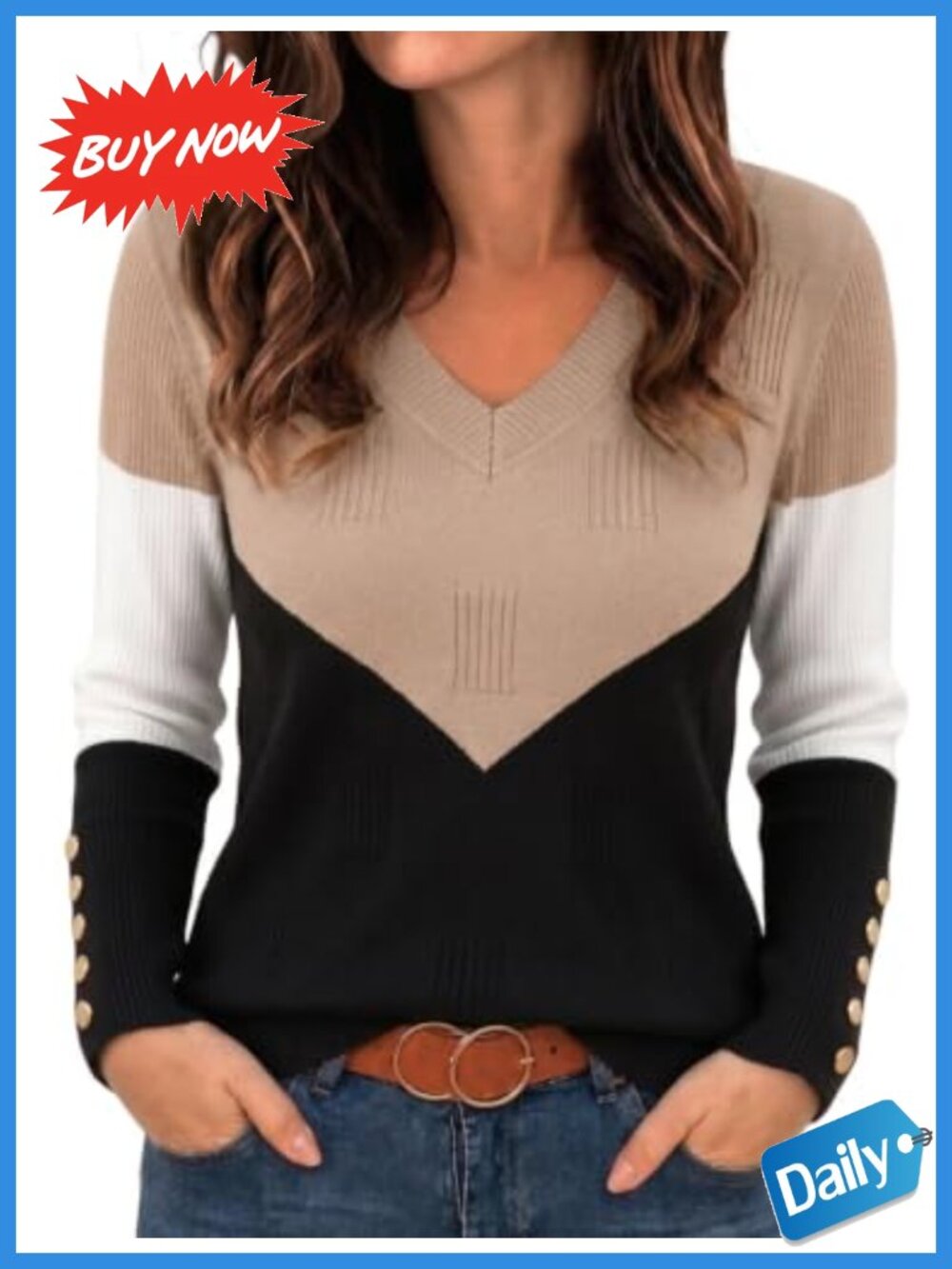 Womens Ribbed Knit V Neck Pullover Sweater Long Sleeve Button Cuffs